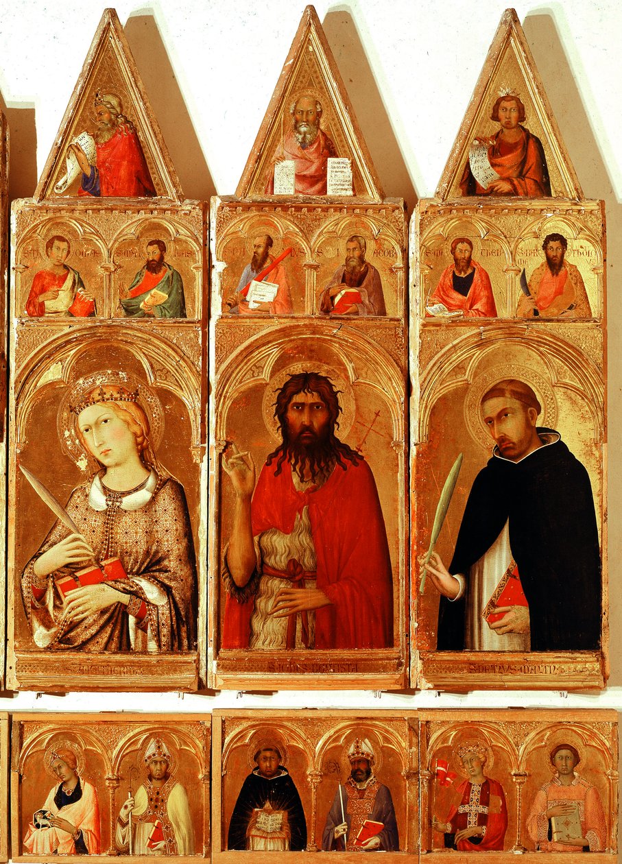 Saint Catherine of Alexandria, Saint John the Baptist, Saint Peter of Verona. (detail) by Simone Martini