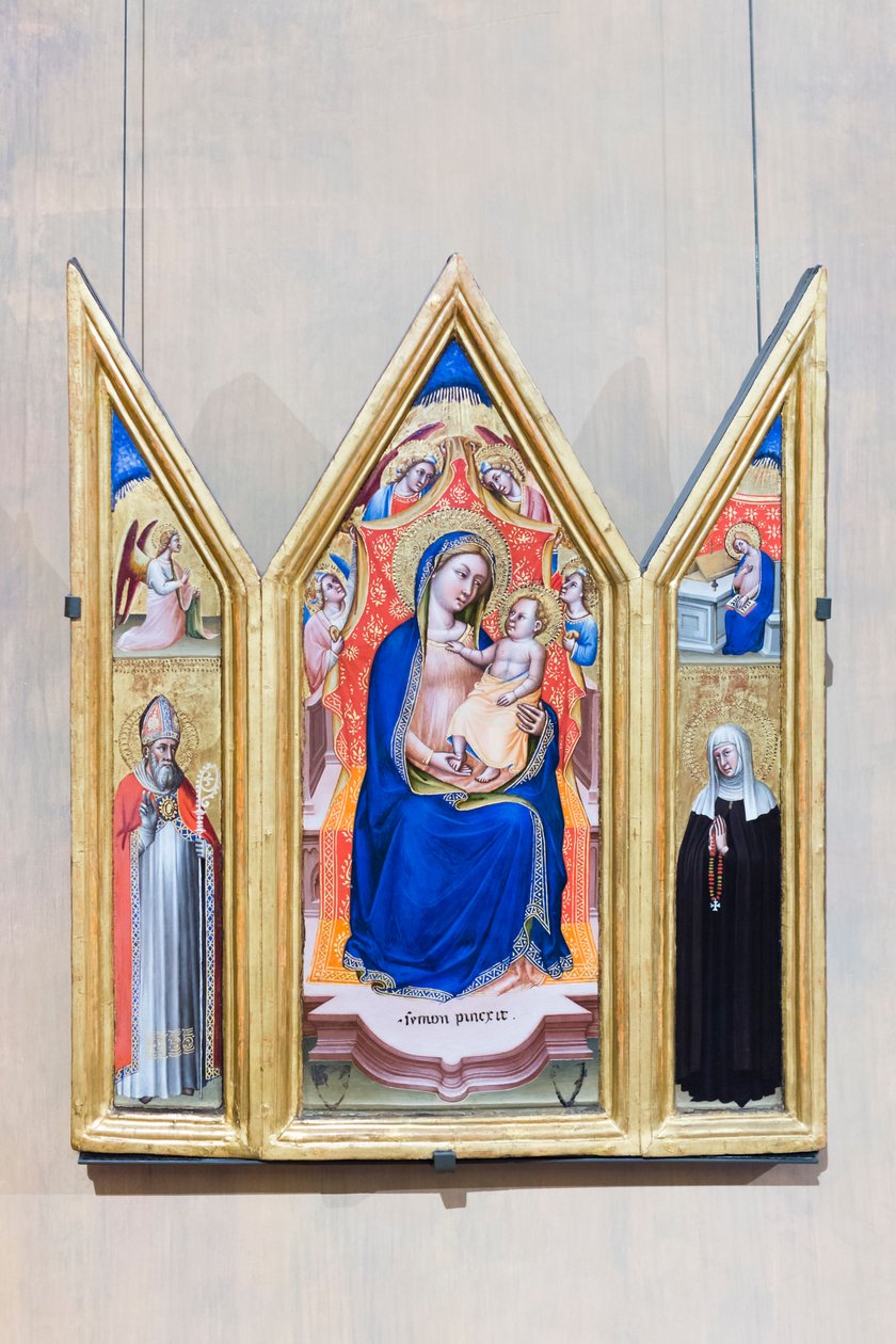 Triptych, Enthroned Madonna and Child with Angels (Centre), Angel of the Annunciation and Saint Augustine (Left), Virgin Annunciate and Saint Monica (Right) by Simone dei Crocifissi