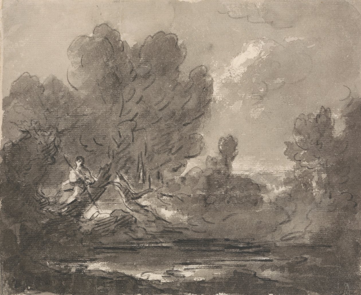 Figure in Tree near Pond by Sir George Howland Beaumont seventh Baronet