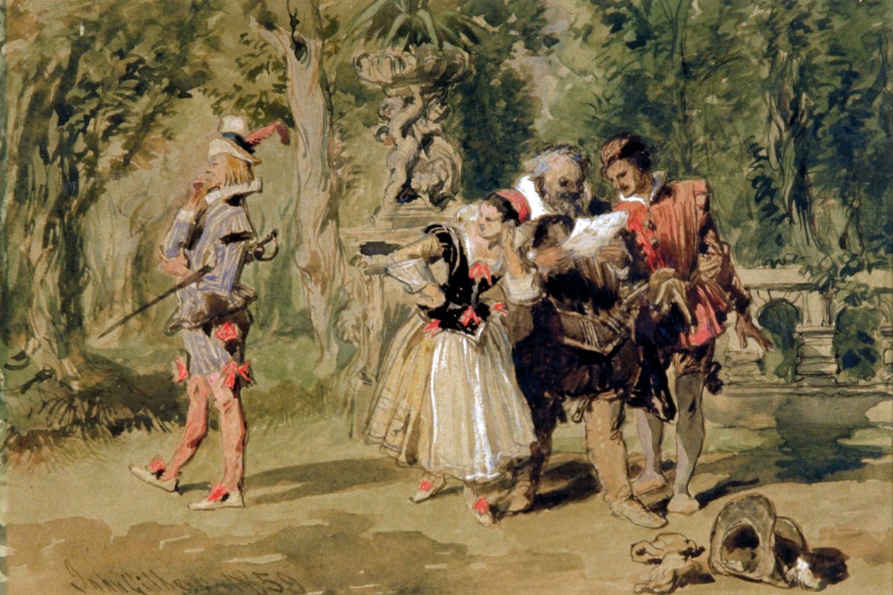 Sir Andrew Aguecheek Writes a Challenge, 1859 by Sir John Gilbert