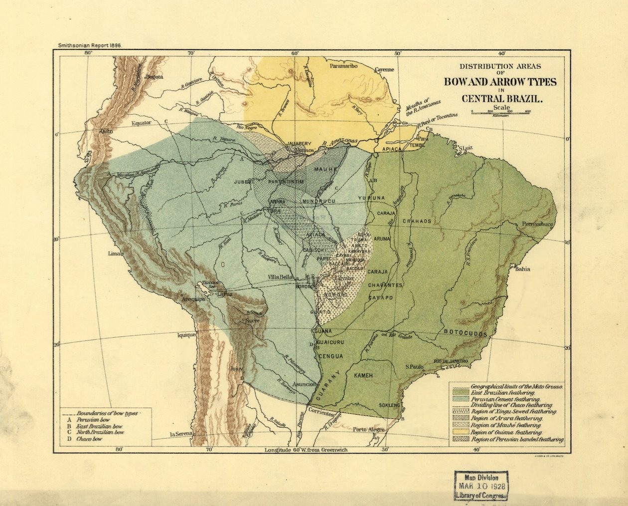 Distribution Areas for Bow and Arrow Types in Central Brazil by Smithsonian Institution