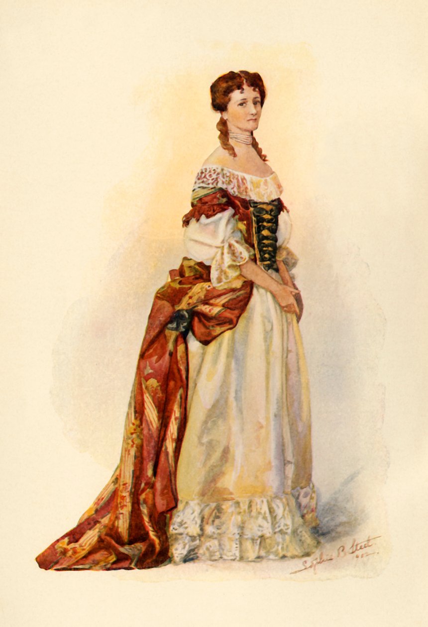 Gown of red brocade worn in the Barbados Colony c1685, 1903 by Sophie B. Steel