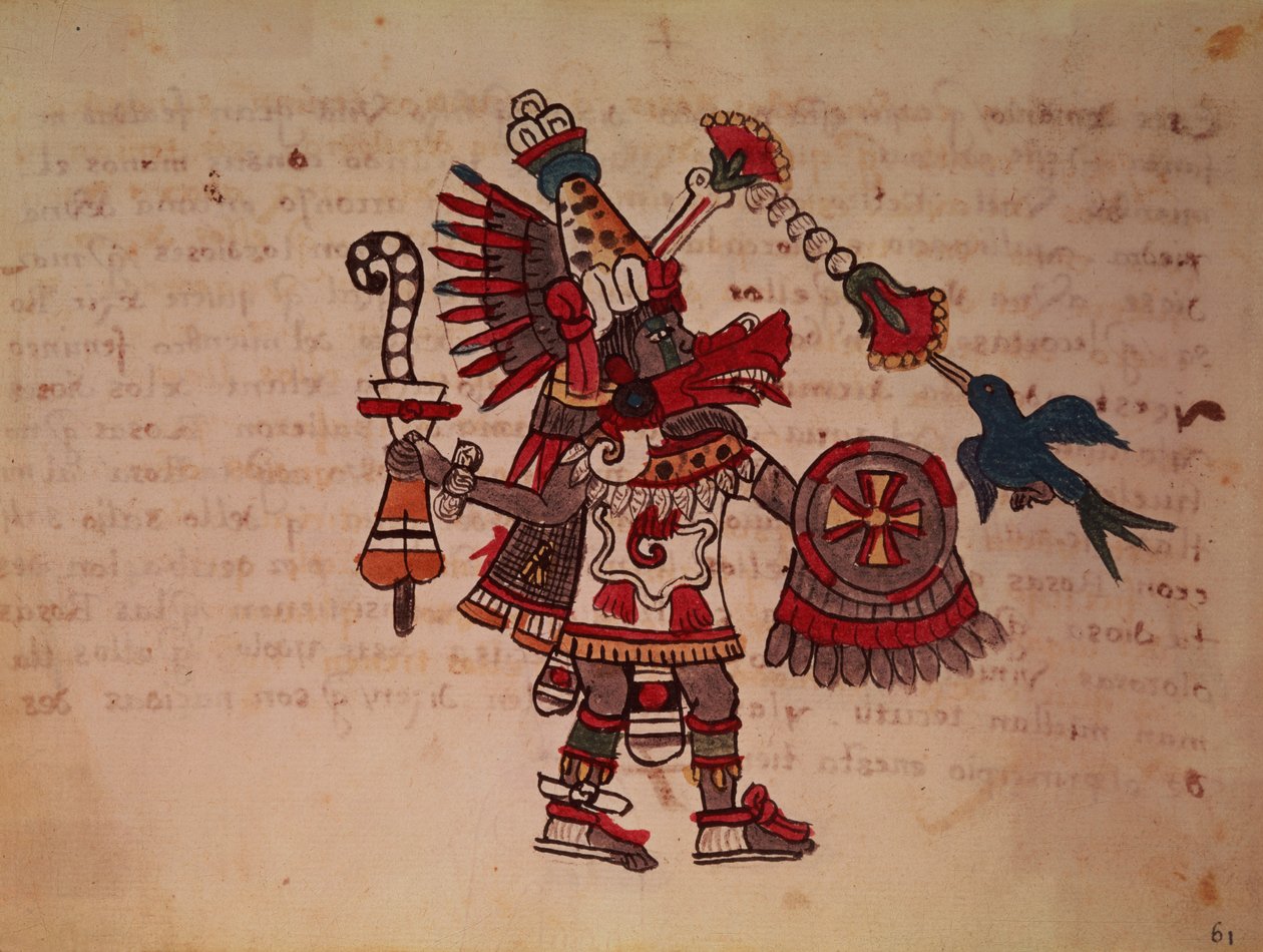 Quetzalcoatl, the plumed serpent, god of the wind, learning and the priesthood, master of life, creator and civiliser, patron of every art and inventor of metallurgy (vellum) by South American School