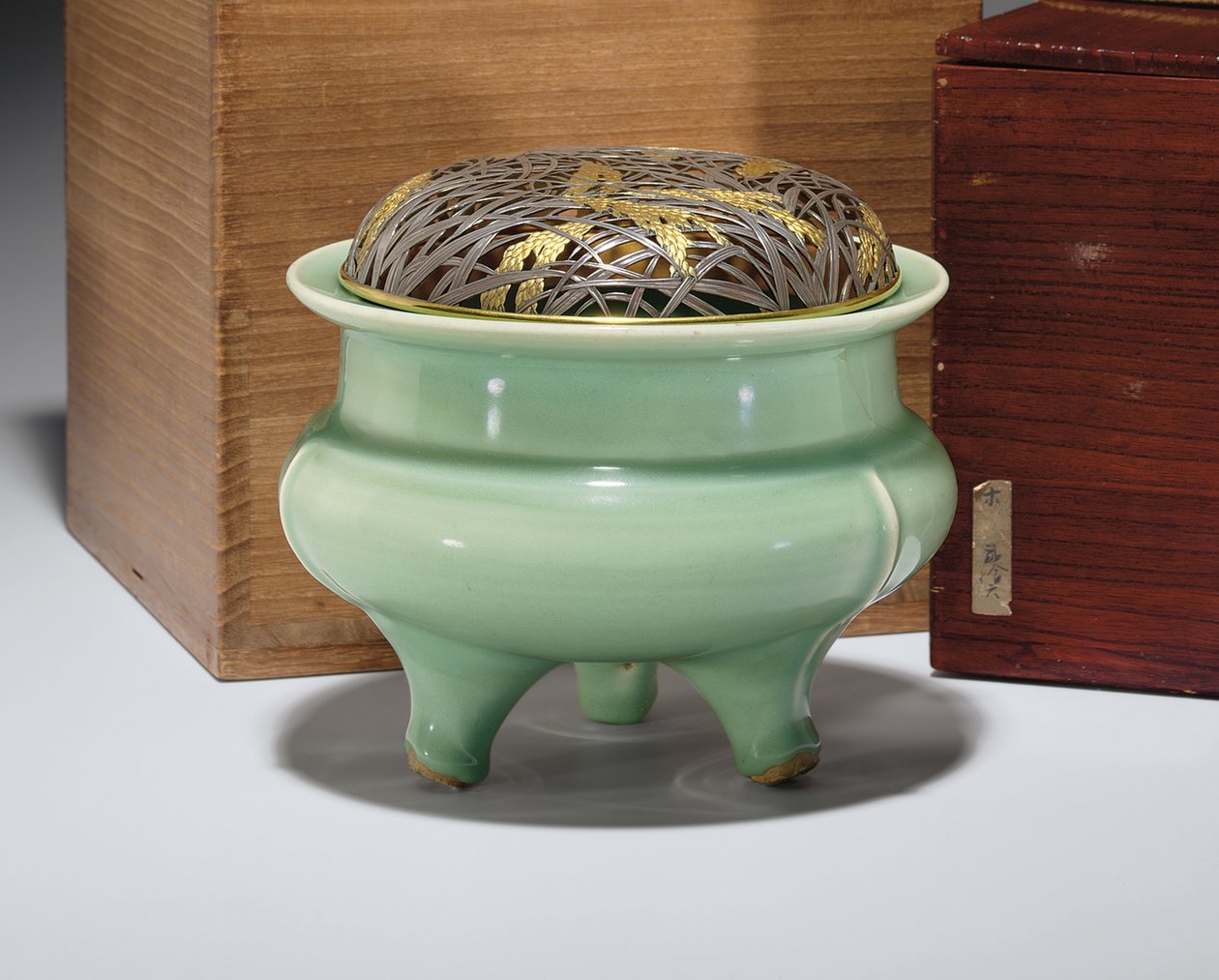 Large Longquan Celadon Tripod Censer with Japanese Parcel-Gilt Metal Cover by Southern Song Dynasty Chinese School