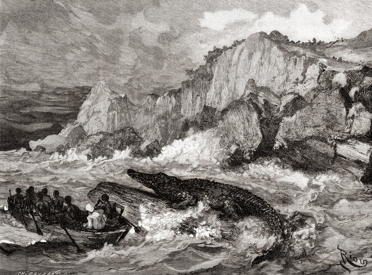 Giant Crocodile Threatens a Boat on the Congo River During a 19th Century Expedition, from 