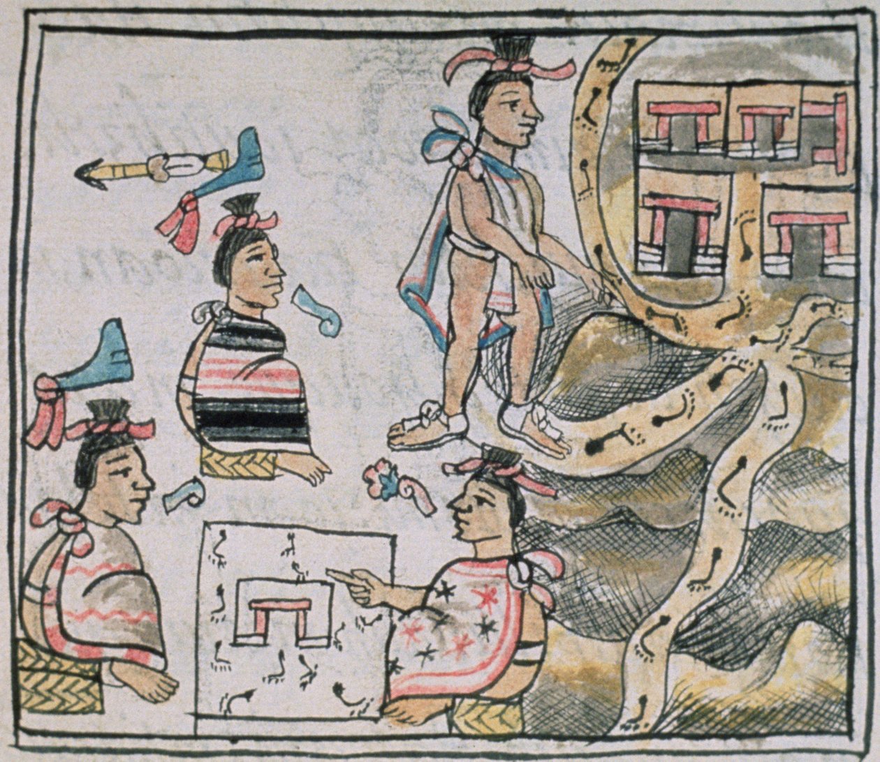 Aztecs consulting and following a map, from the 