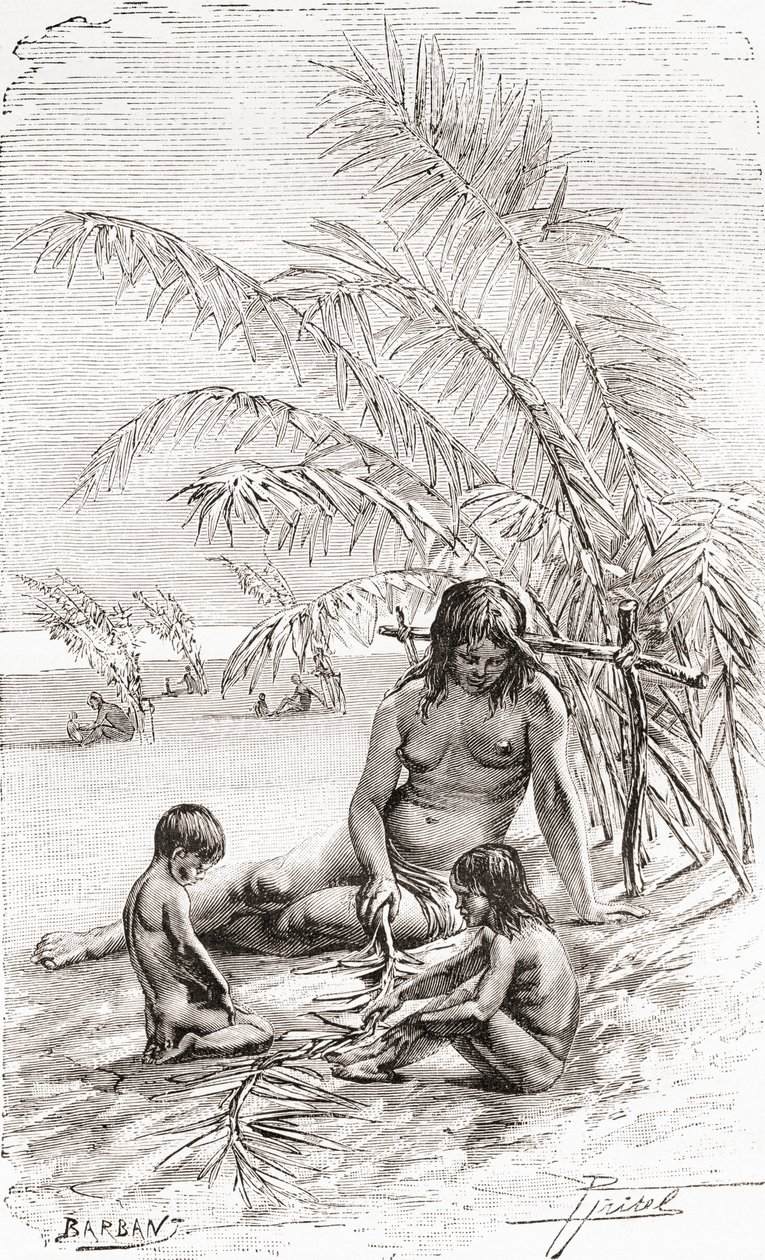 A family of Sápara natives on a sandbank beside the Napo river, Ecuador by Spanish School