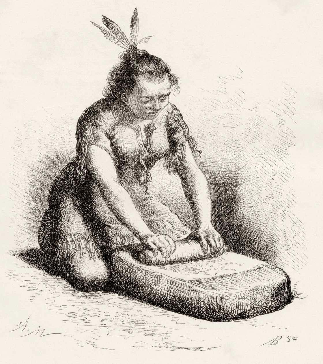 A native Guayan woman crushing grain by Spanish School