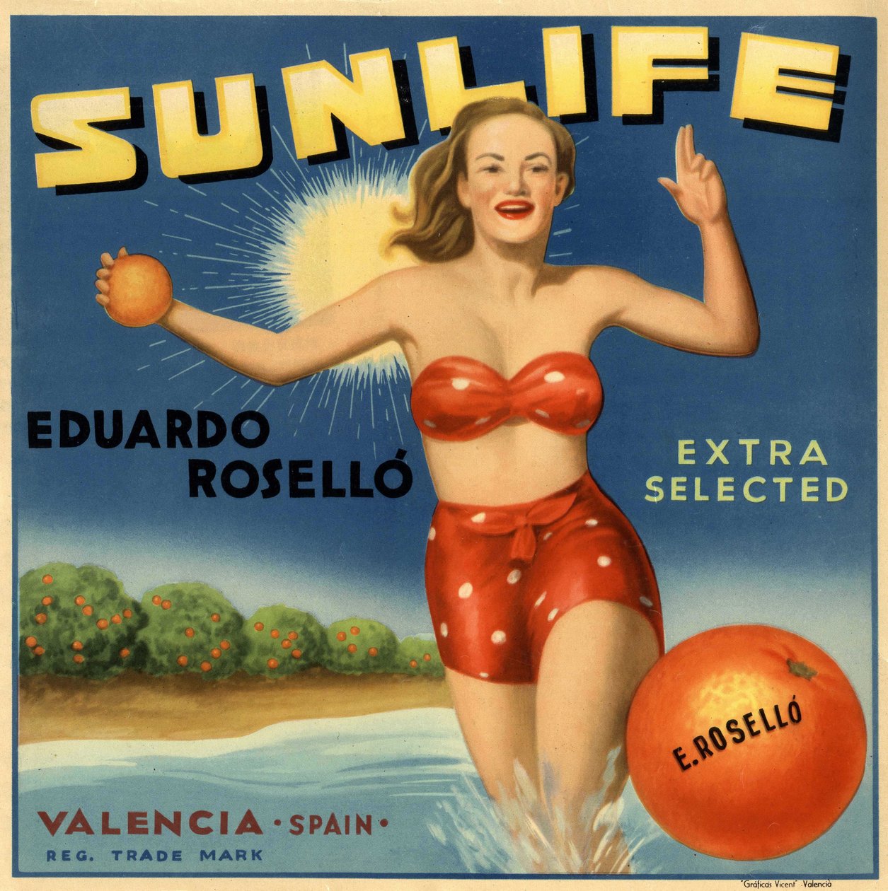 Advertising for oranges, image of a woman in a swimsuit. Advertising poster, Valencia by Spanish School