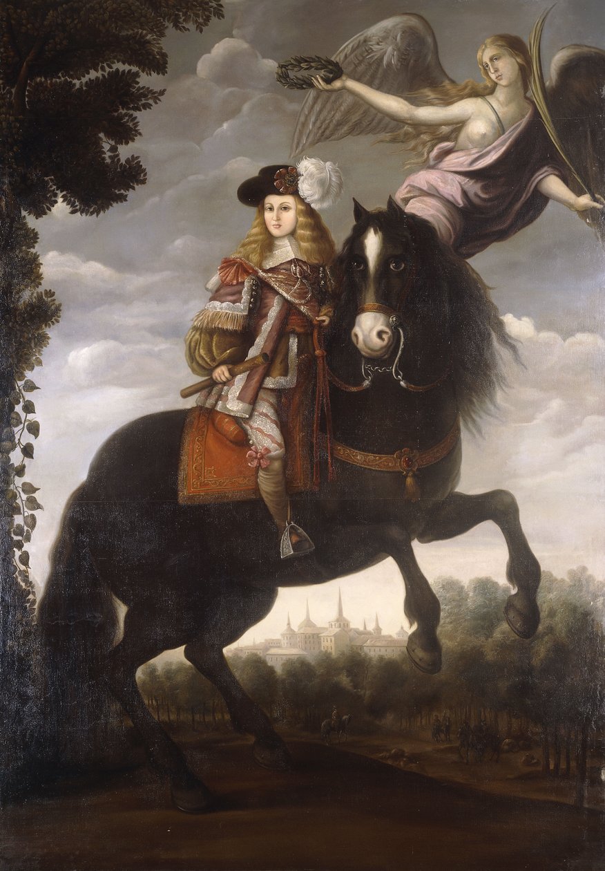 An Equestrian Portrait of King Charles II, Full Length, in a Red Coat with White Trim Being Crowned with a Laurel by an Angel, Madrid in the Distance by Spanish School