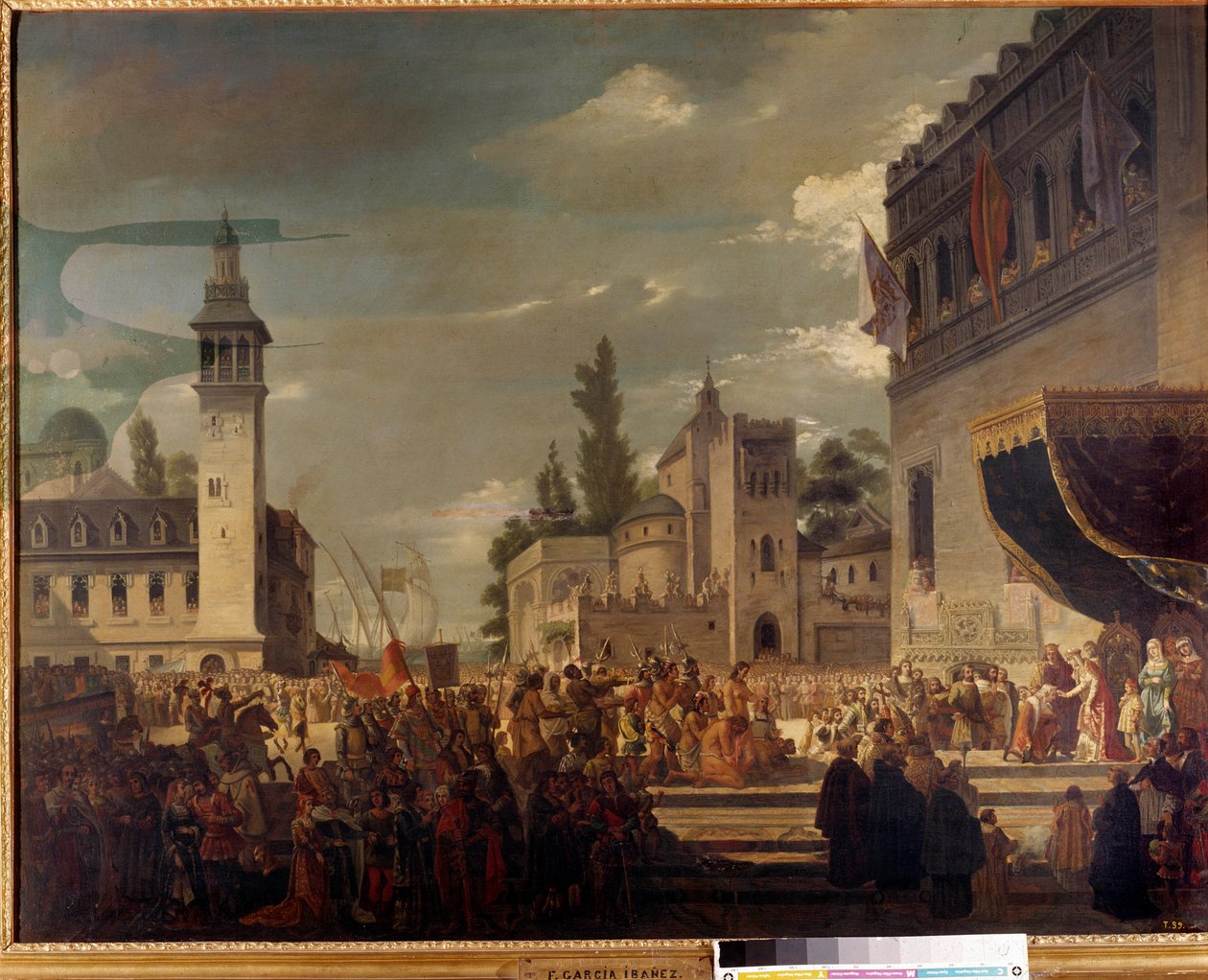 Christopher Columbus presents indigenous people at Ferdinand II and Isabella I of Castile in Barcelona. Painting by Garcia Ibanez by Spanish School