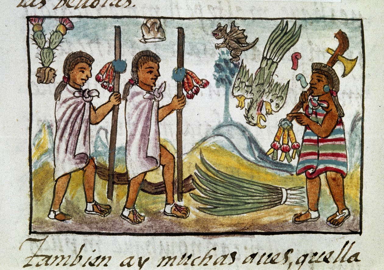 Codex of the Conquest of Mexico: Merchants Disguised in Tzinacantlan. Miniature of the Florentine Manuscript 