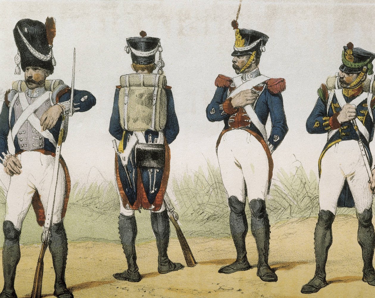 DE SOTTO, Serafin Maria, Earl of Clonard (1793 - 1862). Historia organica de las armas de Infanteria y Caballeria espanolas. 1851 - 1859. Infantrymen during the reign of Ferdinand VII of Spain. Grenadier, rifleman, sergeant and chasseur (1815-1820). Engrav by Spanish School