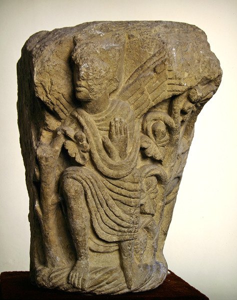 Double Capital Depicting an Angel with Left Hand Raised in Benediction by Spanish School