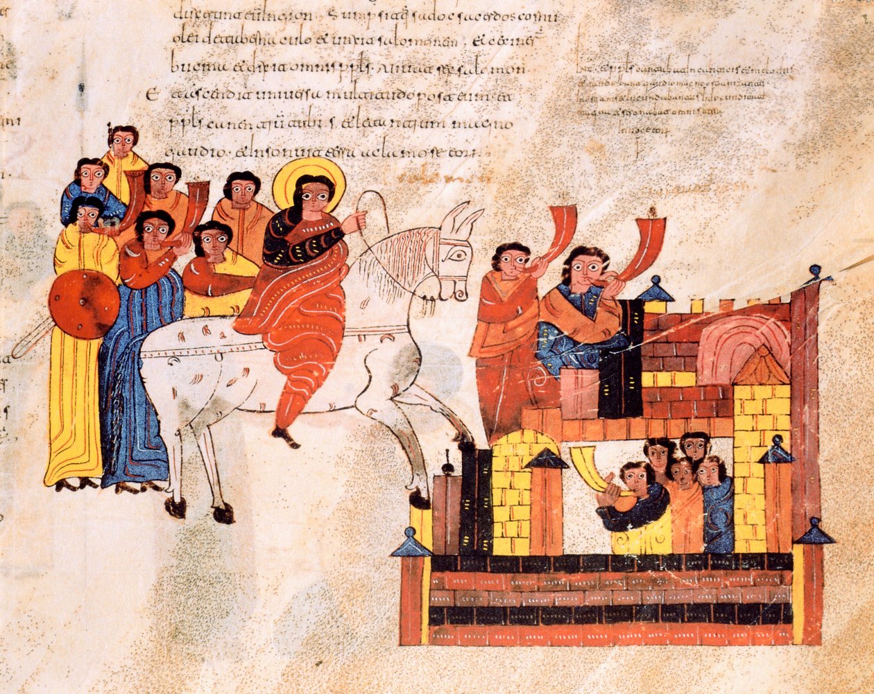 Entry of King David into Jerusalem to the sound of trumpets, from the Visigothic-Mozarabic Bible of St. Isidores, A.D. 960 by Spanish School