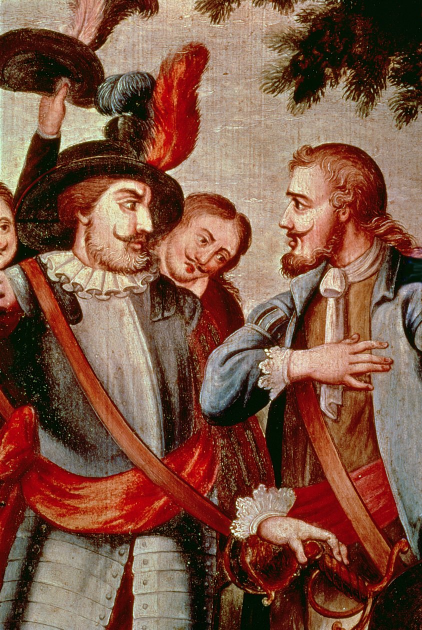 Hernando Cortes and Diego di Velasquez (detail) by Spanish School