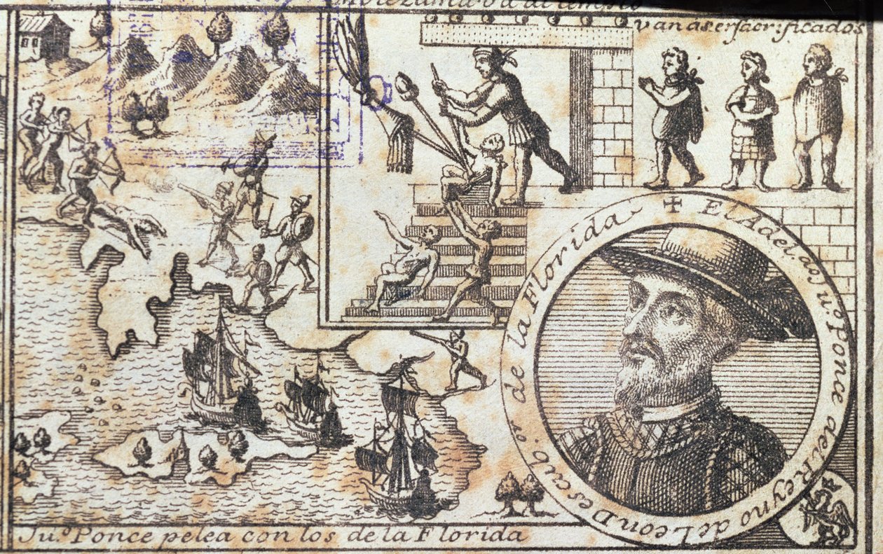 Juan Ponce battles the natives of Florida by Spanish School