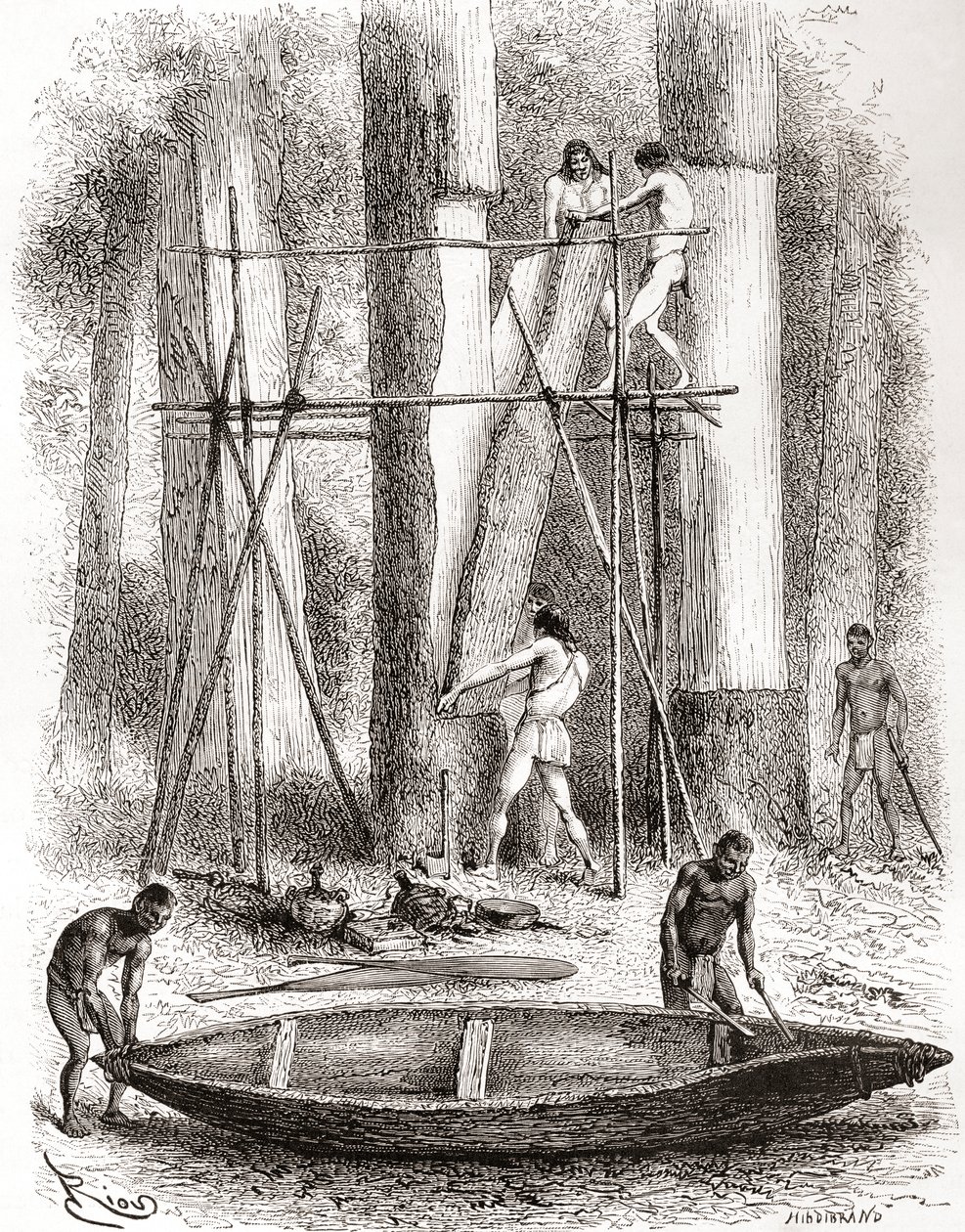 Native Indians building a canoe on the banks of the Oyapock or Oiapoque River, South America by Spanish School