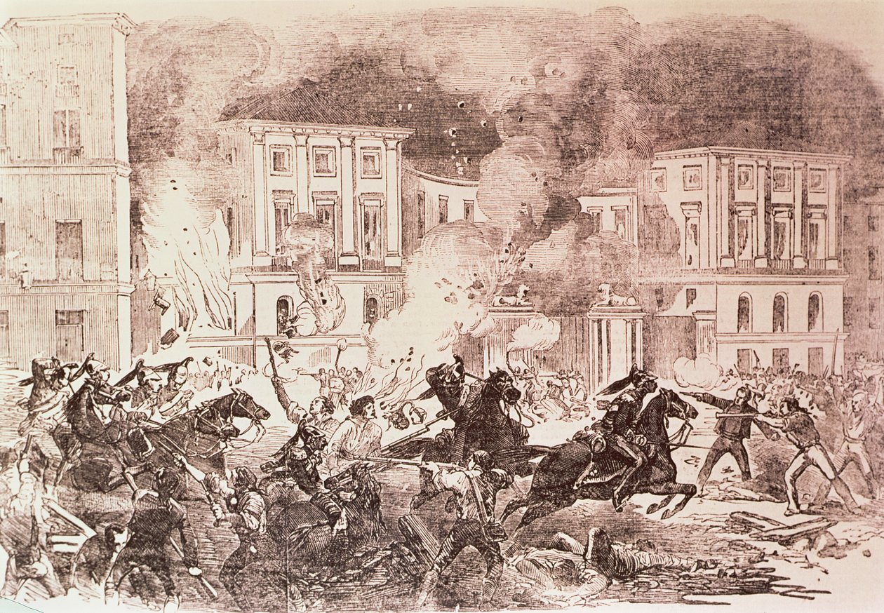 Populist Uprisings in Madrid, The Rioters Try to Set Fire to the Palace of Queen Maria Christina in 1854 by Spanish School
