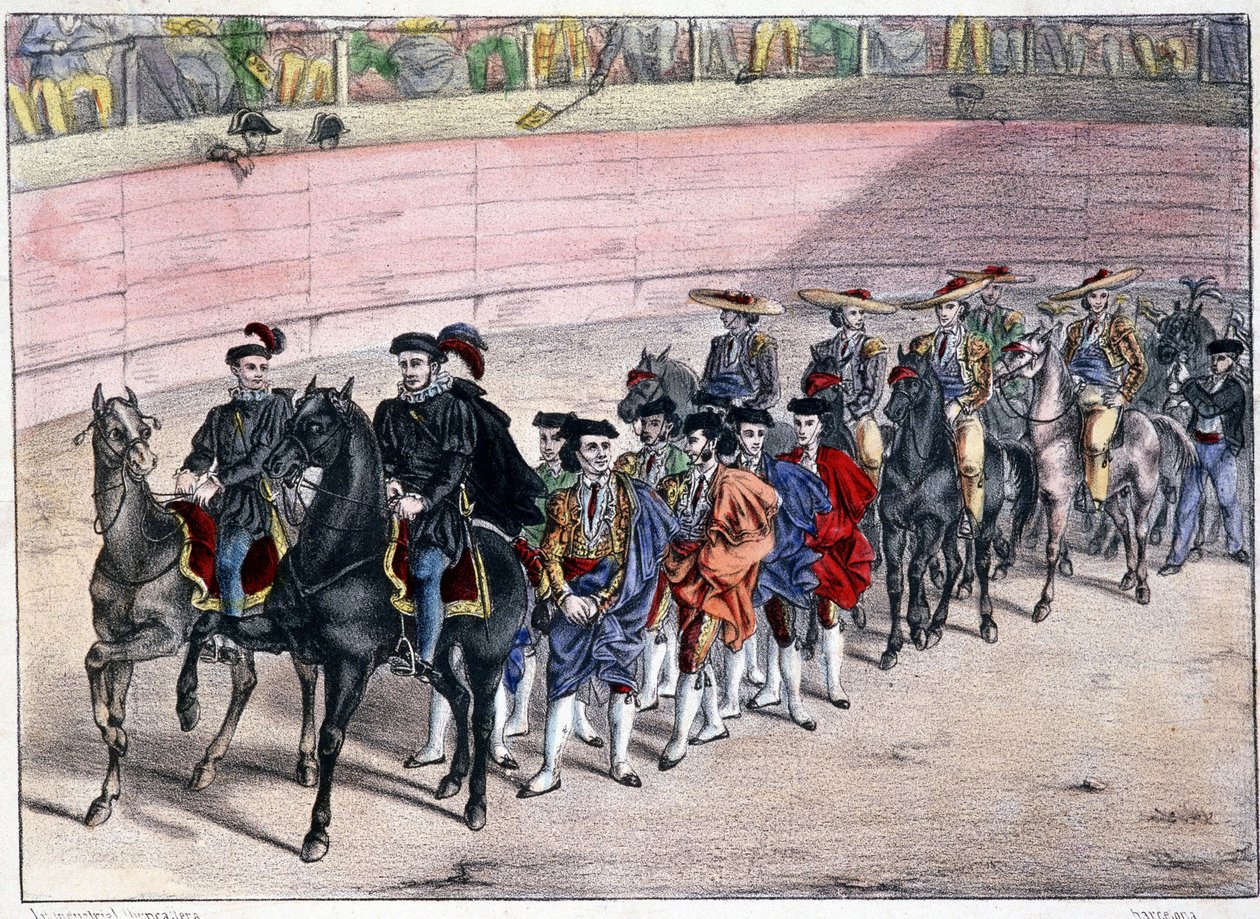 Release of the quadrille, corrida in Spain, lithography by Spanish School