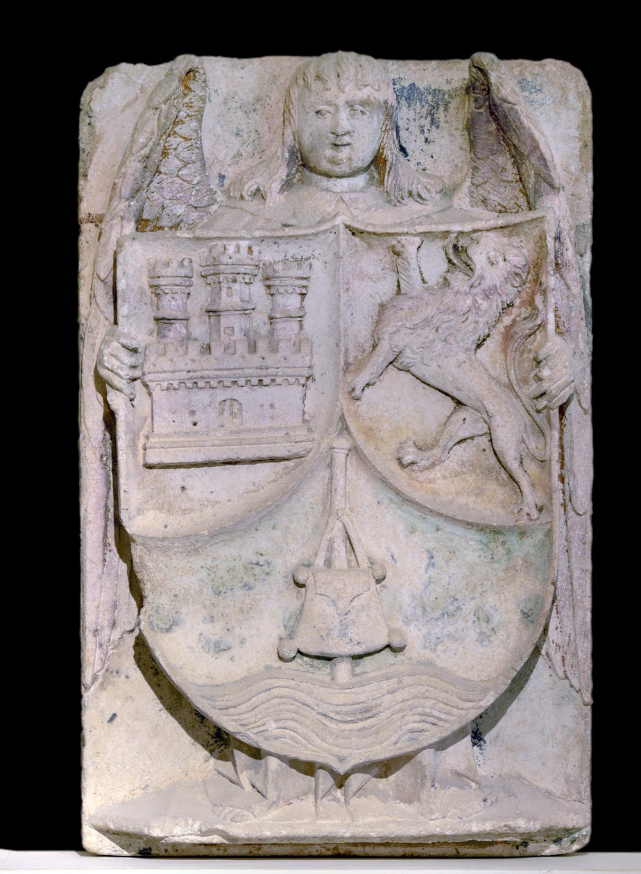 Spanish Patch of the 14th Century: Coat of Arms of Castile and Leon, the Stick of Pelerin Evokes Saint Jacques de Compostela, Preserved in the Cistercian Abbey of Fontenay, Burgundy by Spanish School