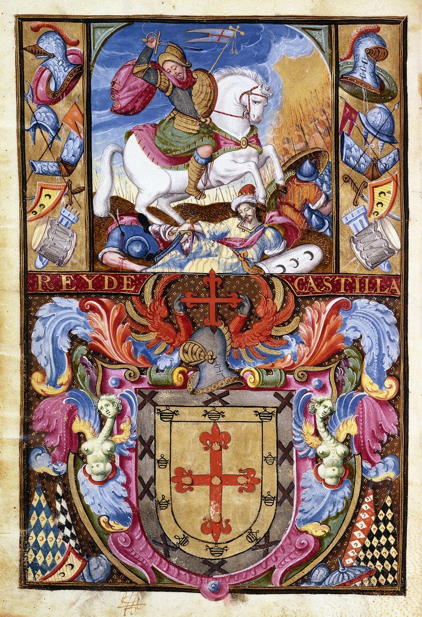 St. James on a White Horse Riding over the Corpses of Moors and The Coat of Arms of the Family of Gomez, 1606 by Spanish School