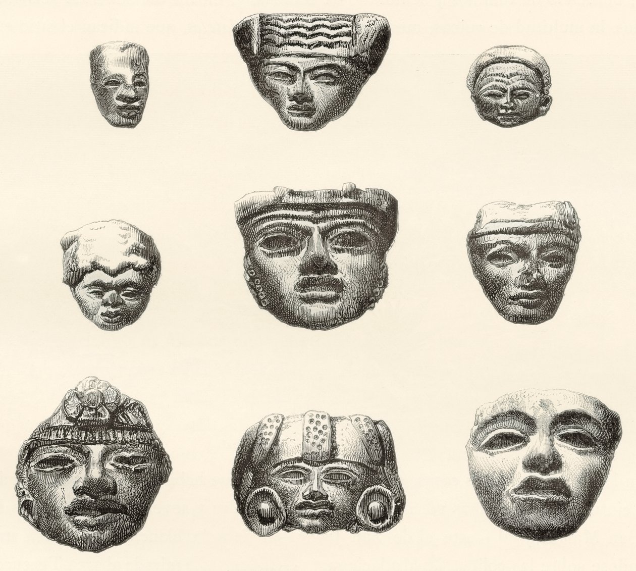 Stone Heads and Masks Found at Teotihuacan by Spanish School