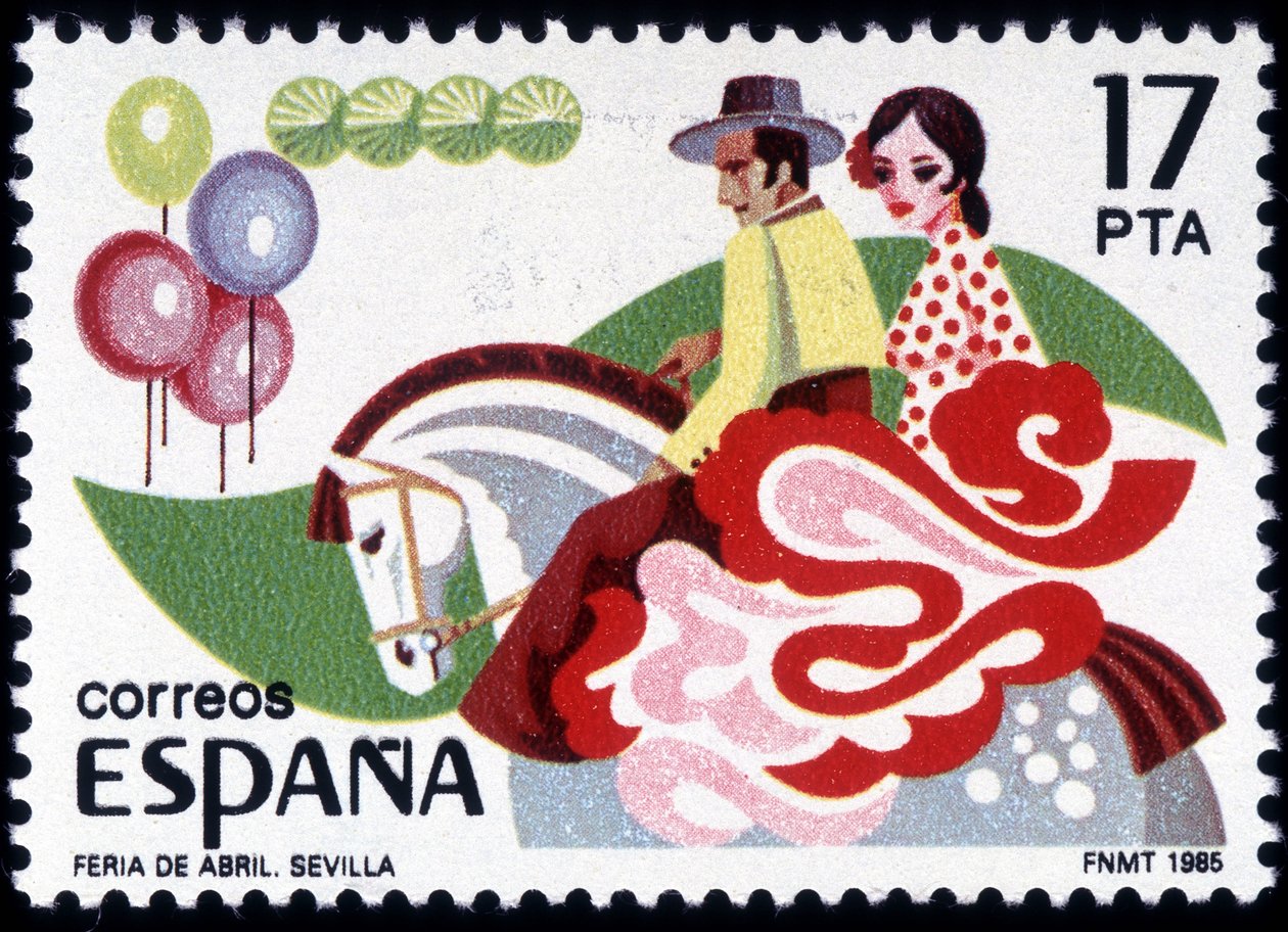 The Feria of Seville: couple in folk costume on horseback by Spanish School