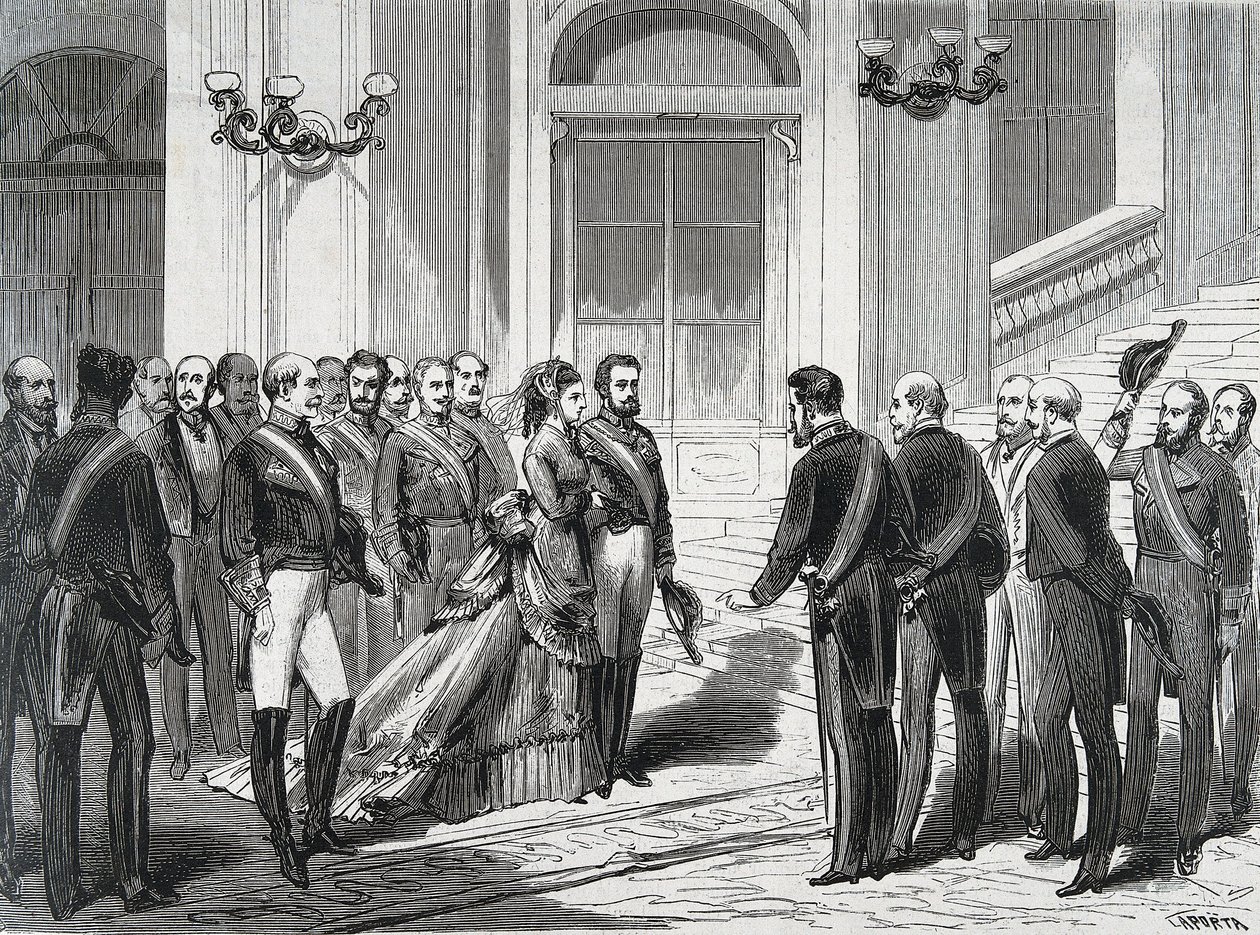 The King of Spain Amedee I and his wife Queen Mary Victory on their arrival at the Royal Palace in Madrid on March 19, 1871. Engraving from 