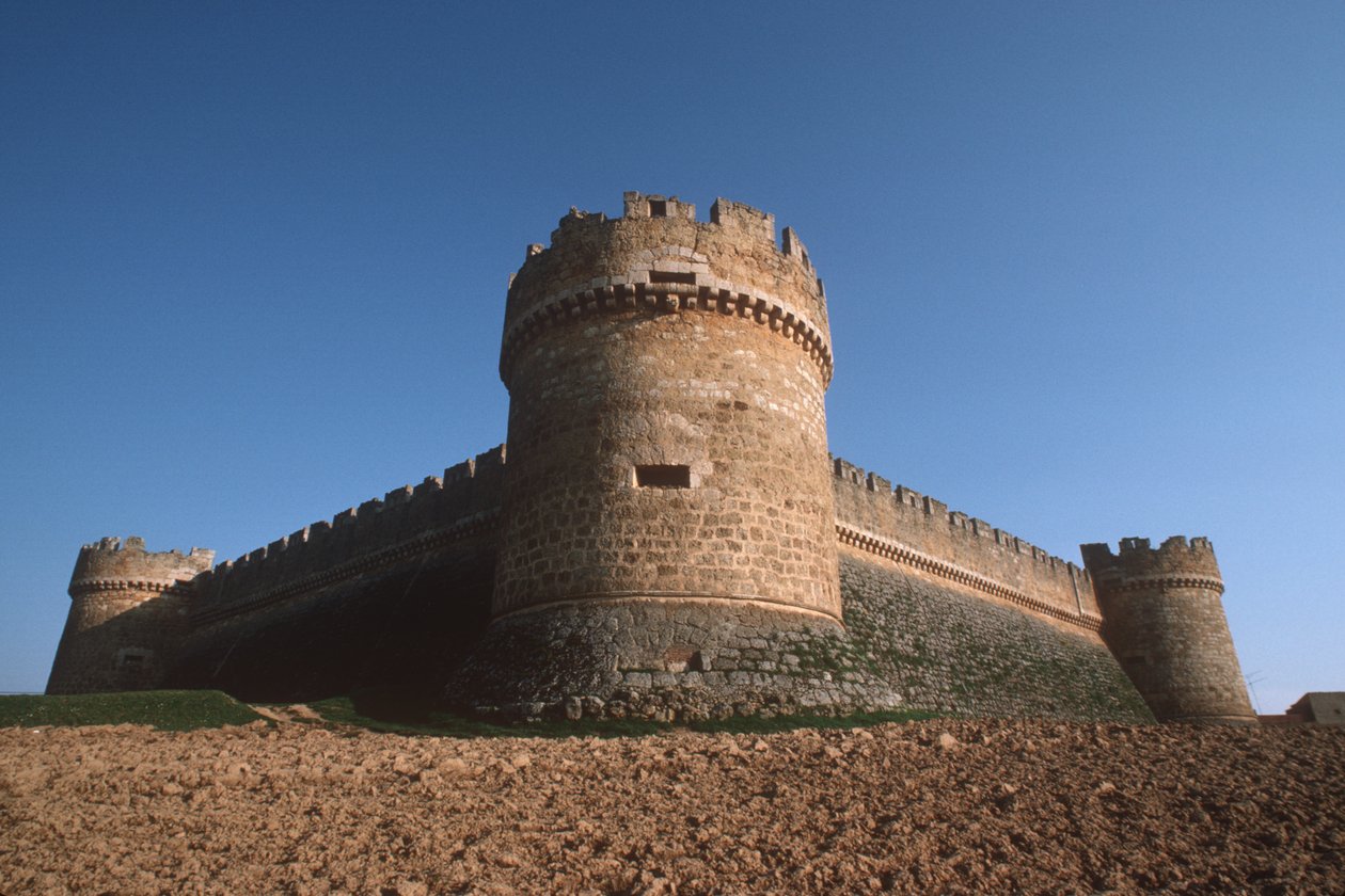 Three Corner towers and perimeter walls from below by Spanish School