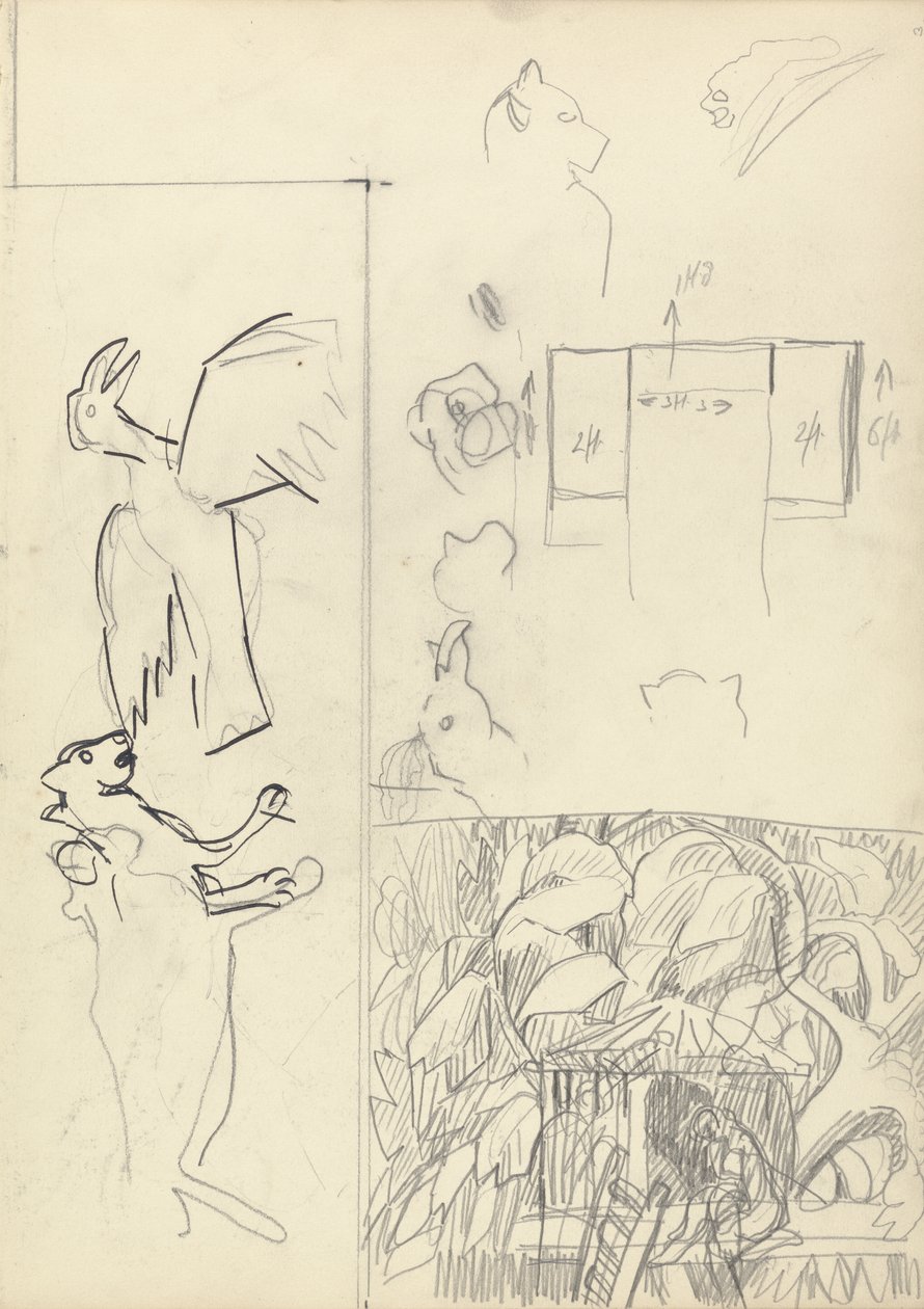 Studies of Tree Houses, Animals, and Floor Plan, for the Cave of the Golden Calf by Spencer Frederick Gore