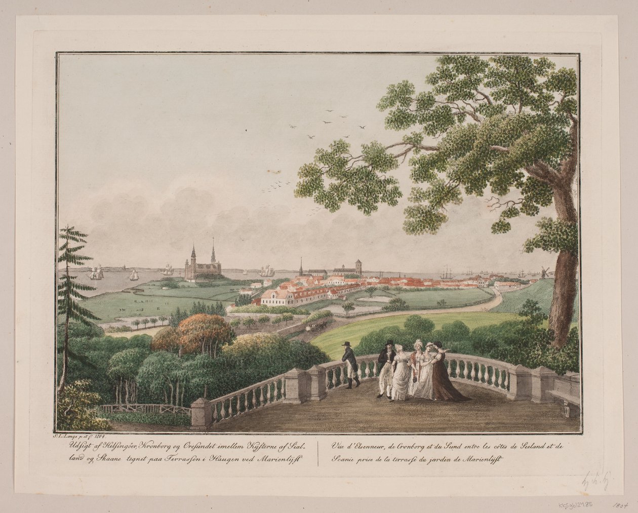 View of Helsingør, Kronborg, and the Øresund between the coasts of Zealand and Scania. Drawn on the terrace in the grove at Marienlyst by Søren L. Lange
