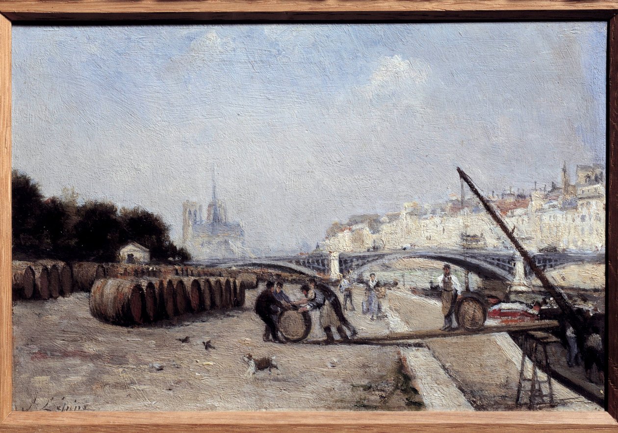 The Seine at the Sully Bridge, the wine port, the Quai Saint Bernard. Painting by Stanislas Lepine. 1882-1885. Private Collection by Stanislas Victor Edouard Lepine