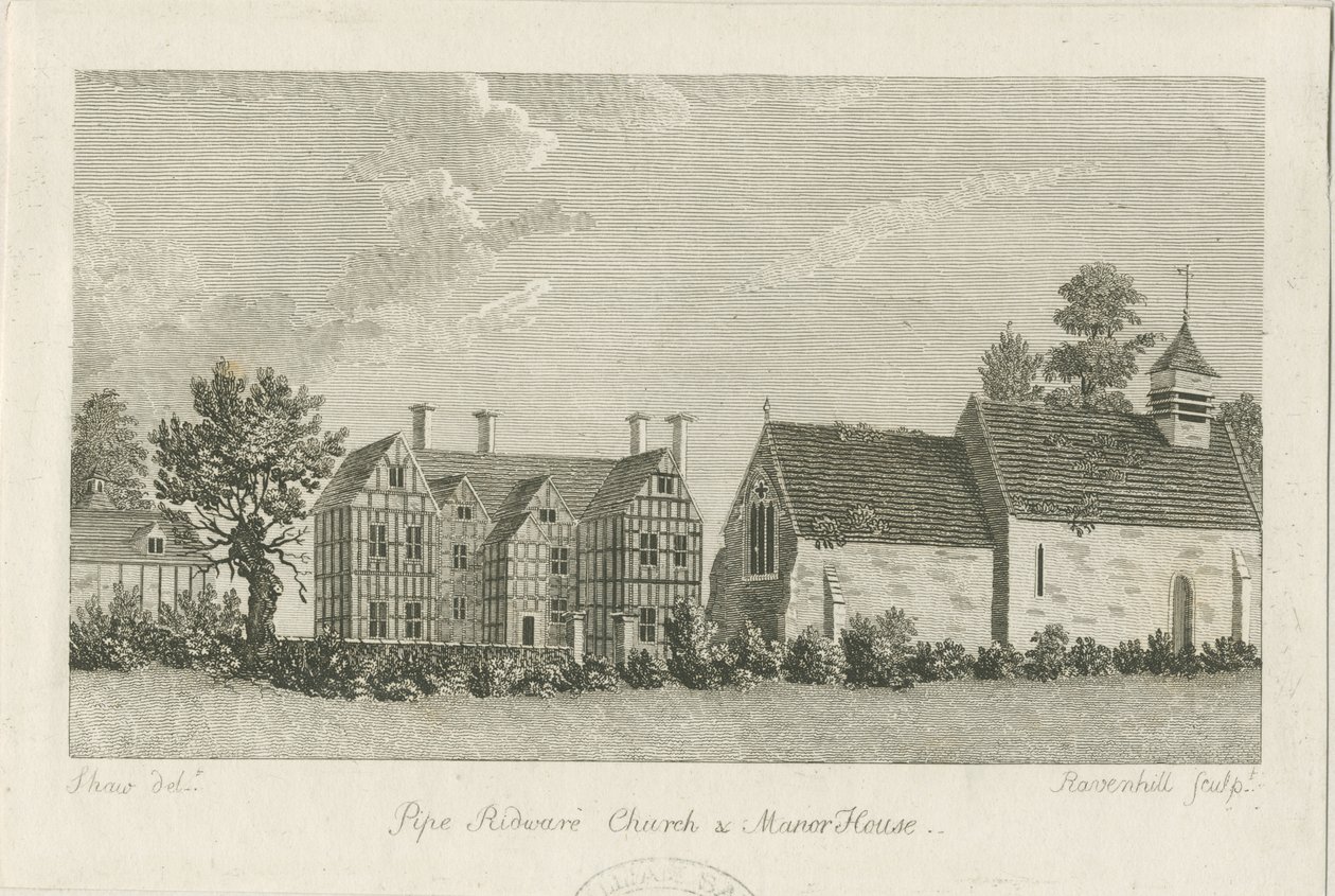 Pipe Ridware Church and Manor House: engraving by Stebbing Shaw