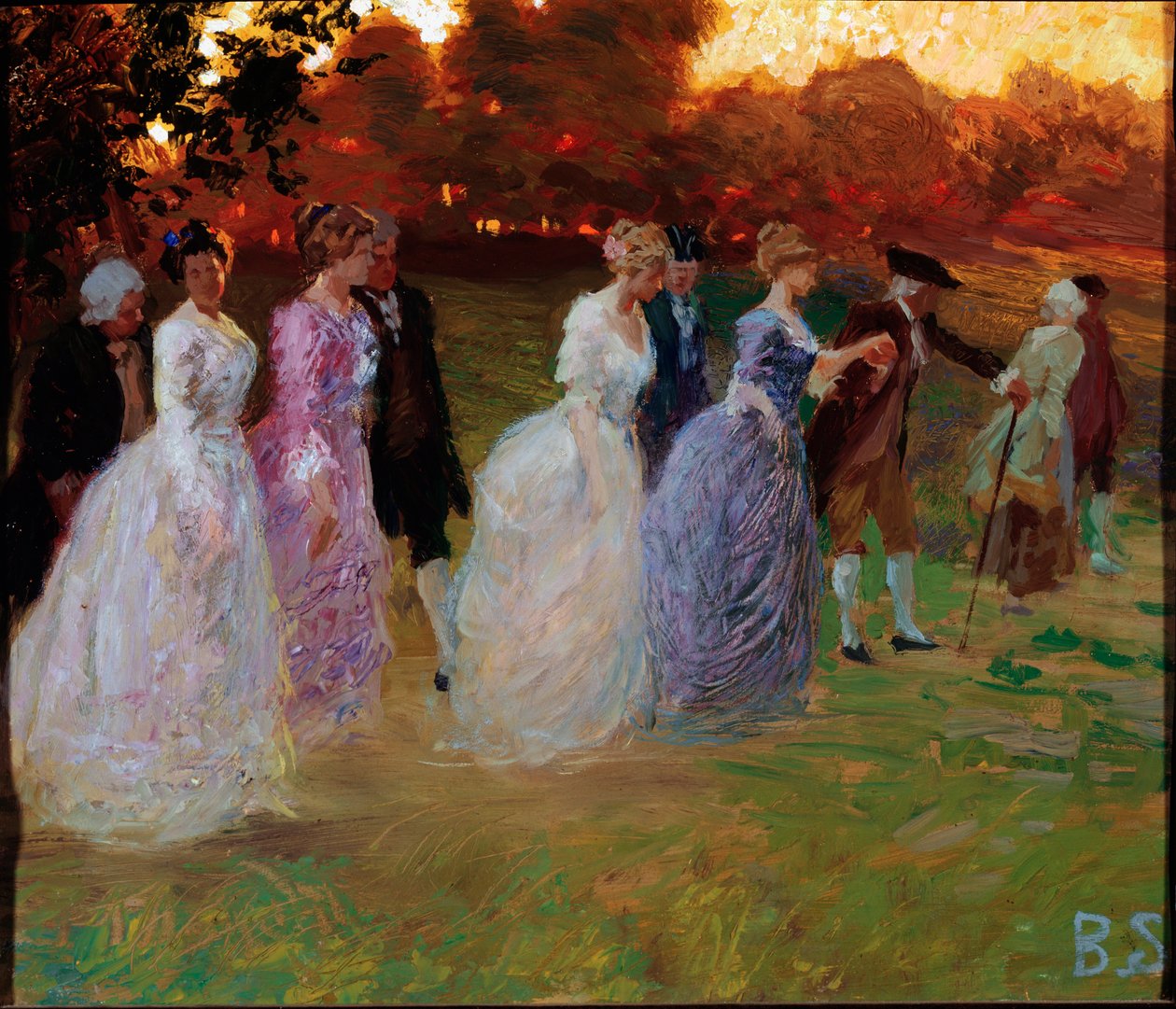 The return from the palace. Elegant young people returning from a worldly event. Painting by Stefano Baghino (1881-1920) Genes, Galleria d