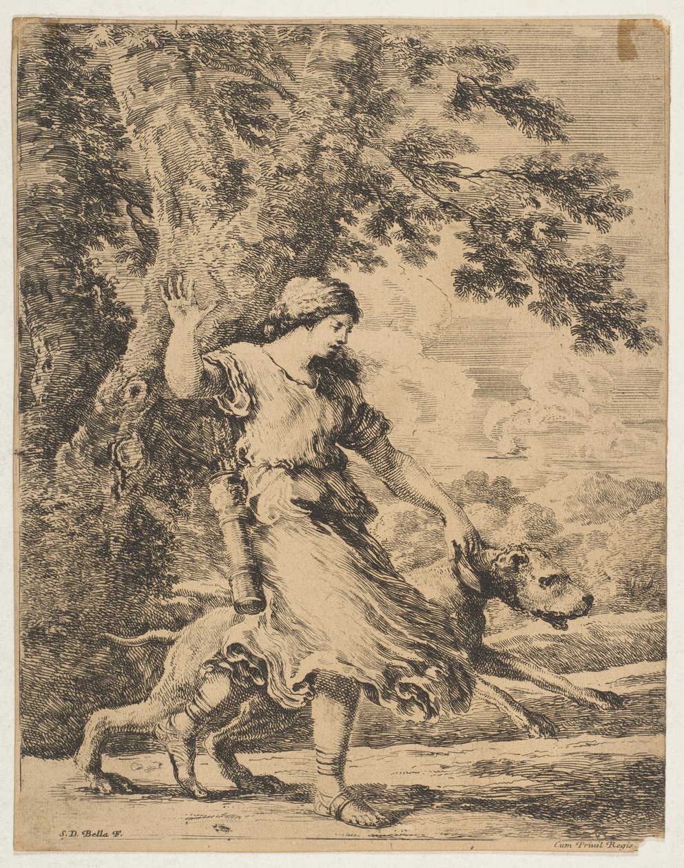 A Nymph Holding a Large Dog by its Collar by Stefano della Bella