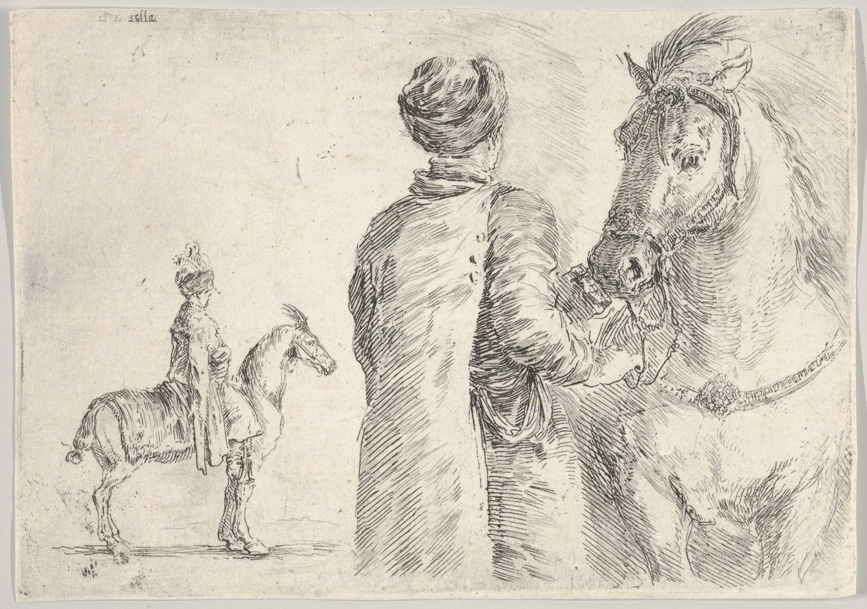 A Polish valet, seen from behind, holding the bridle of a horse to right, ca. 1662 by Stefano della Bella
