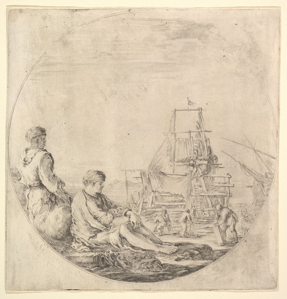 A black sailor standing to left, in profile to the right, a white sailor seated by Stefano della Bella