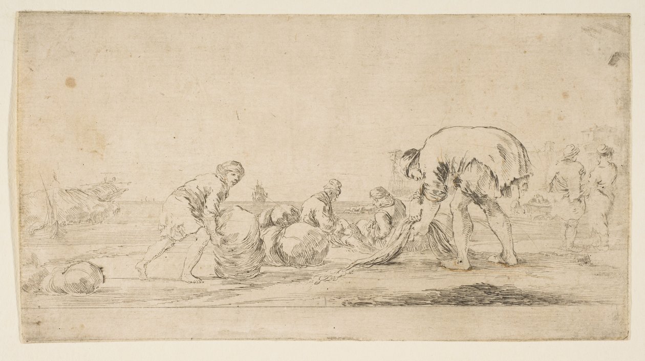 A Fisherman Bringing in His Nets, a Man at Left Pushing a Bale to the Right, Two Seated by Stefano della Bella