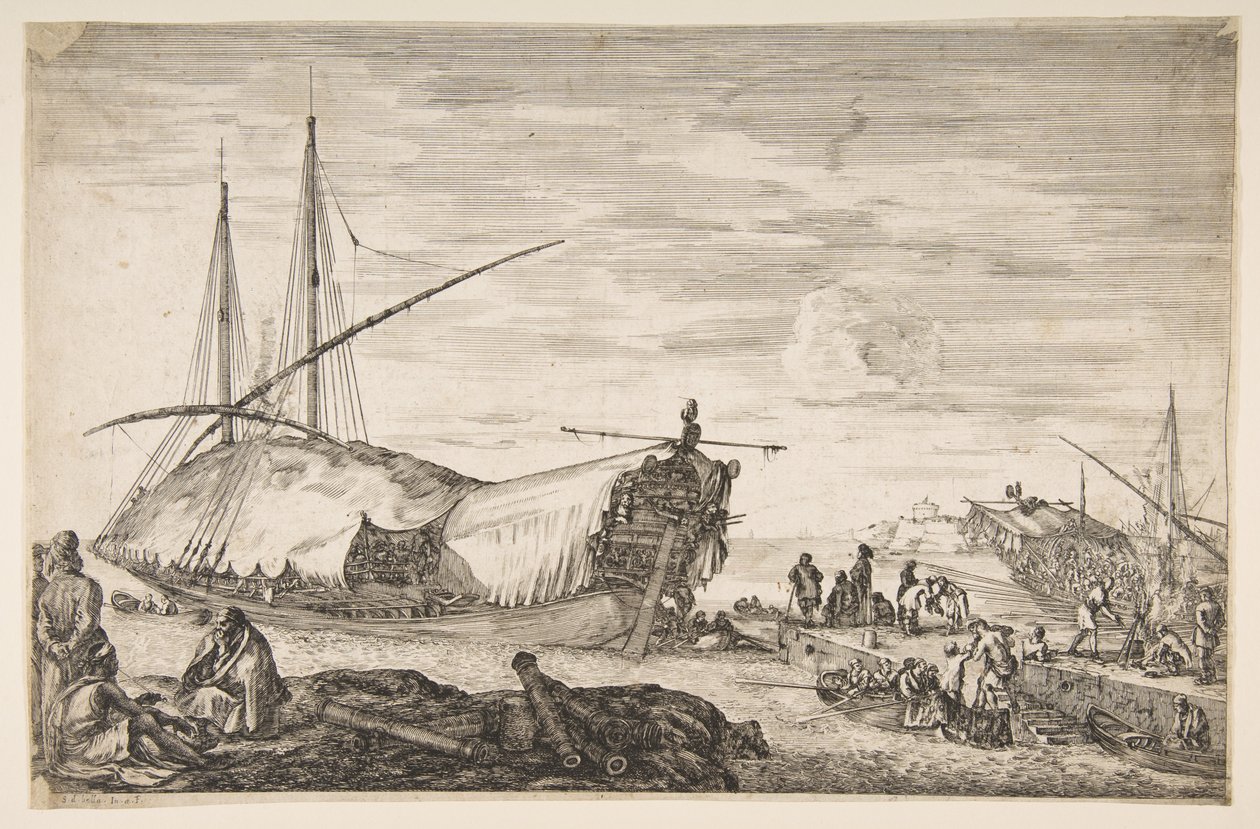 A galley covered in sails to left, six cannons and four people to left in foreground by Stefano della Bella
