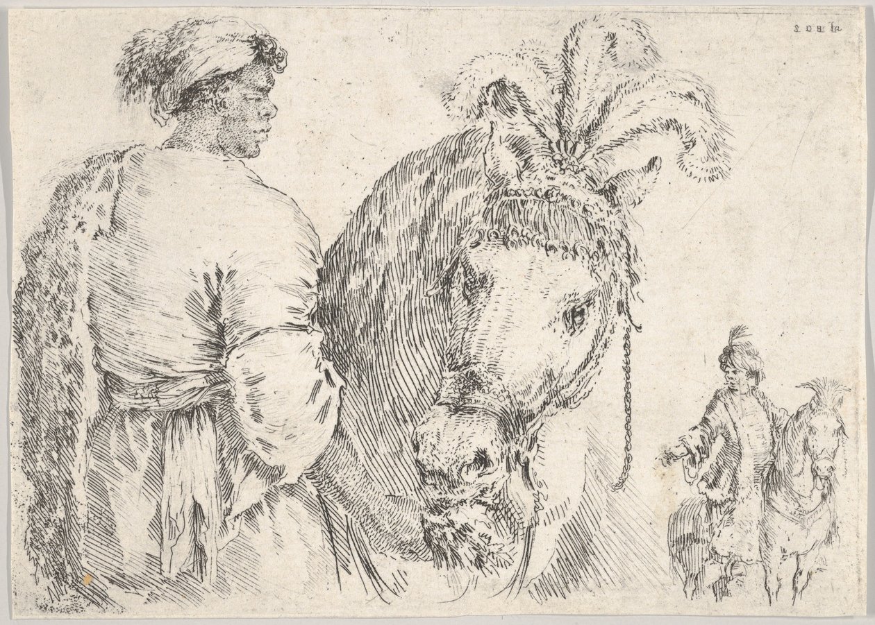 A man at left in profile giving a handful of hay to a horse at center, a horseman to the right, ca. 1662 by Stefano della Bella