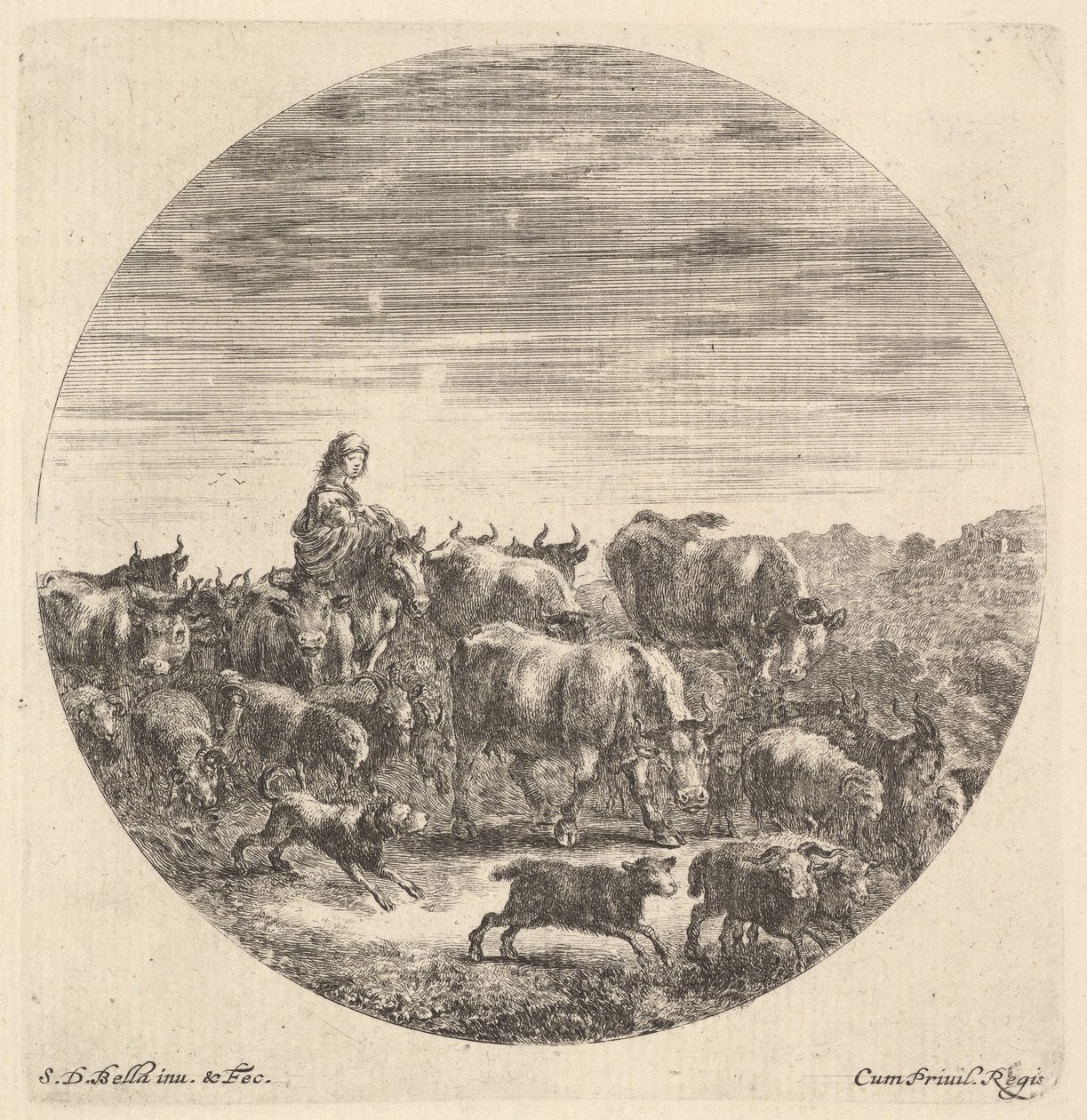 A Peasant Woman Seated on a Horse, Facing Right, Surrounded by a Herd by Stefano della Bella