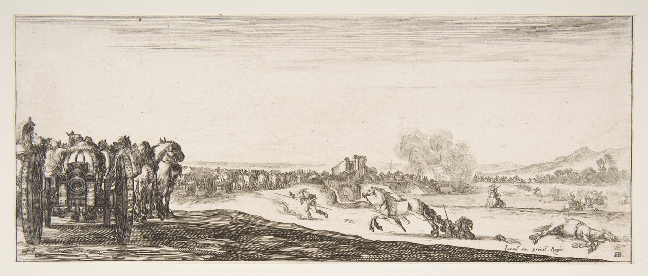 A Procession of Horse-Drawn Cannon Carriages to Left, Horsemen in Combat and a Dead Horse by Stefano della Bella