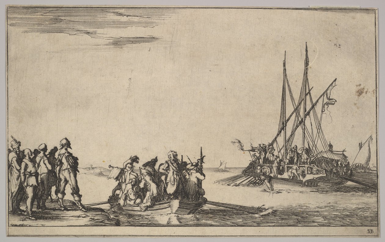 A Rowboat Full of Men in Center, a Group of Men Standing on Shore at Left, a Ship Full of Men by Stefano della Bella