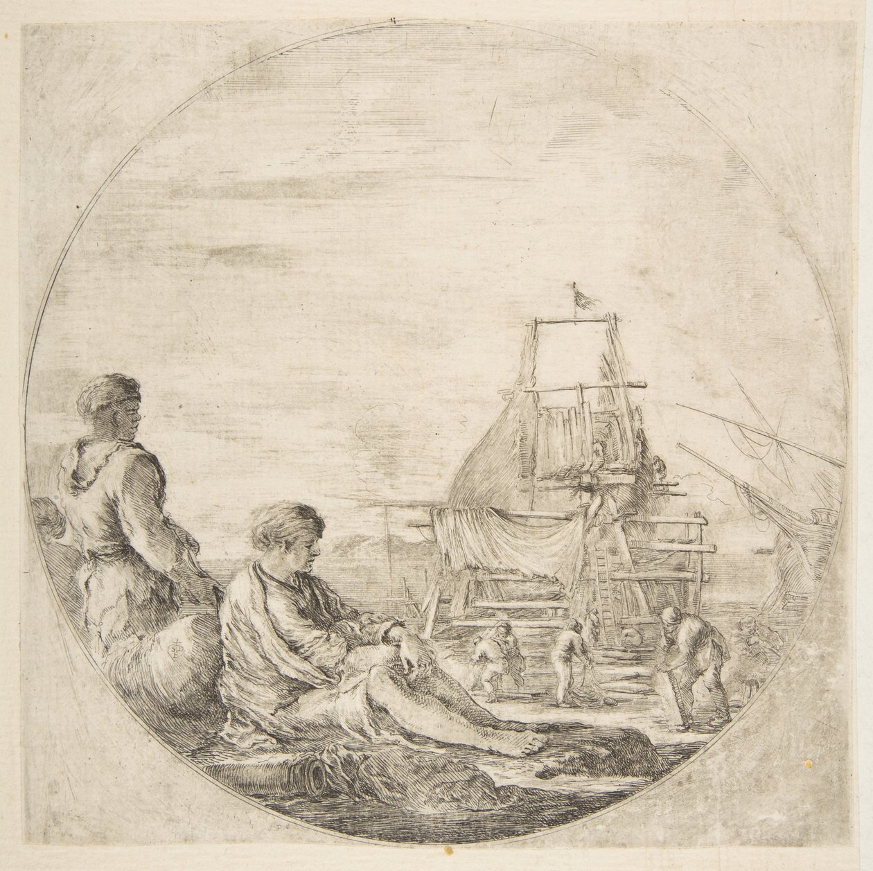 A seated white sailor and a standing black sailor, people building a ship in the background, ca. 1660 by Stefano della Bella