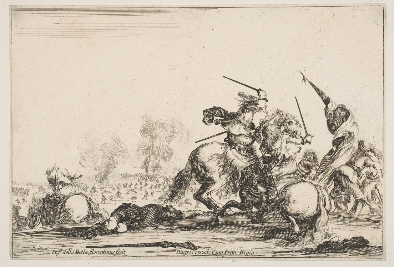 A Skirmish, Two Horsemen Battling with Swords to the Right, Men Carrying a Flag Running, ca. 1645 by Stefano della Bella