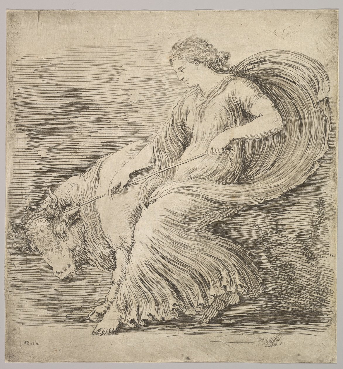 A Woman in Profile Pulling Back on a Rope Tied Around the Horns of a Young Bull by Stefano della Bella