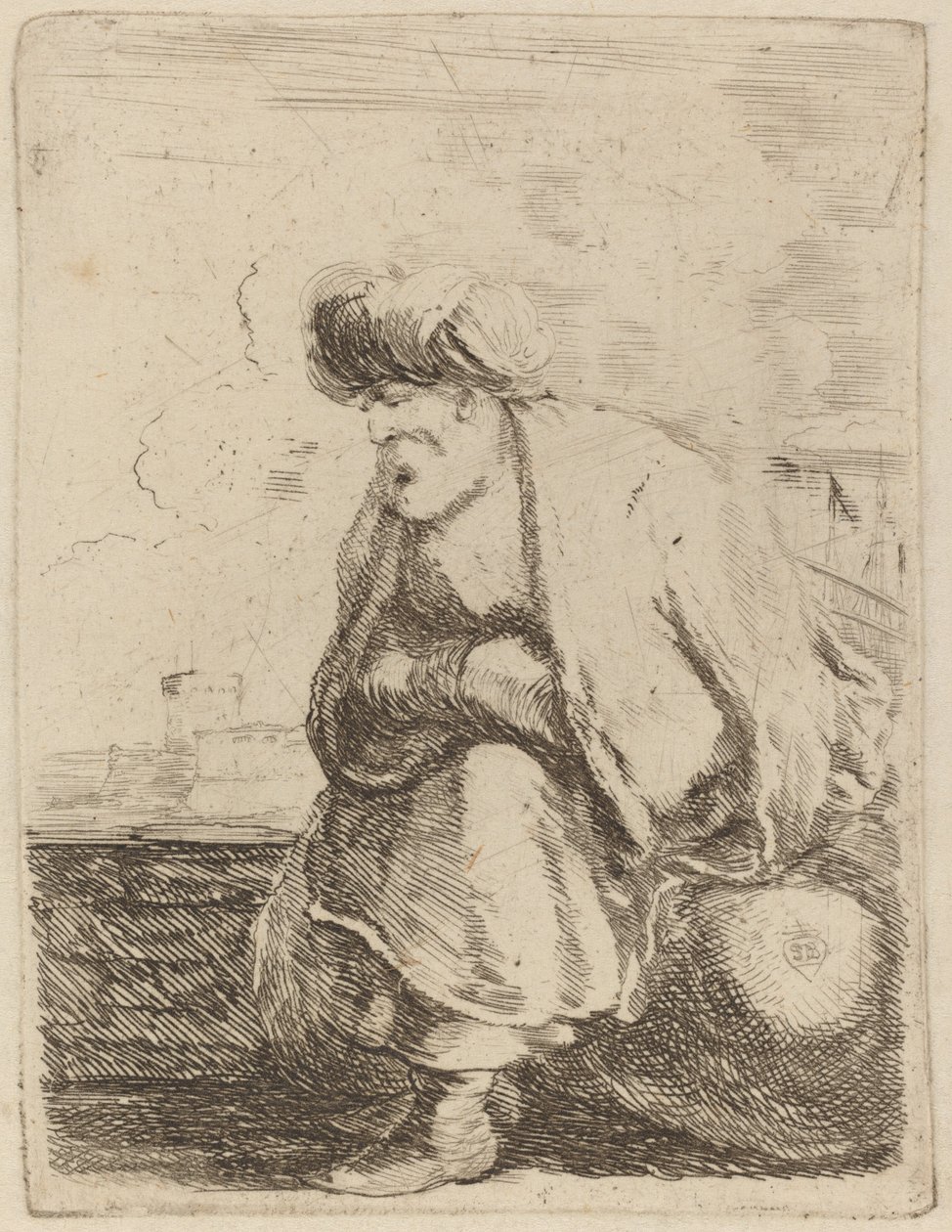 An Old Turk with Turban Seated on a Rock by Stefano della Bella