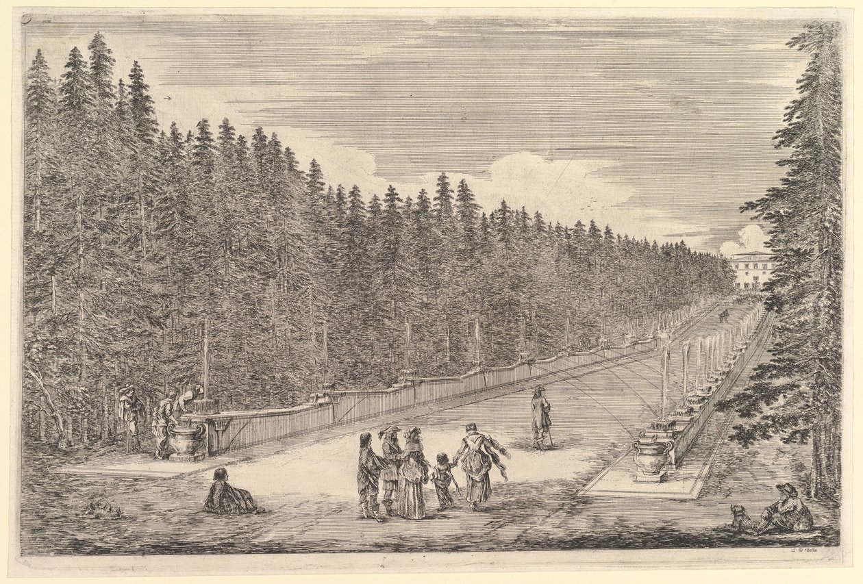 An alley of fountains, a group of people in center, a man and dog seated to right, two by Stefano della Bella