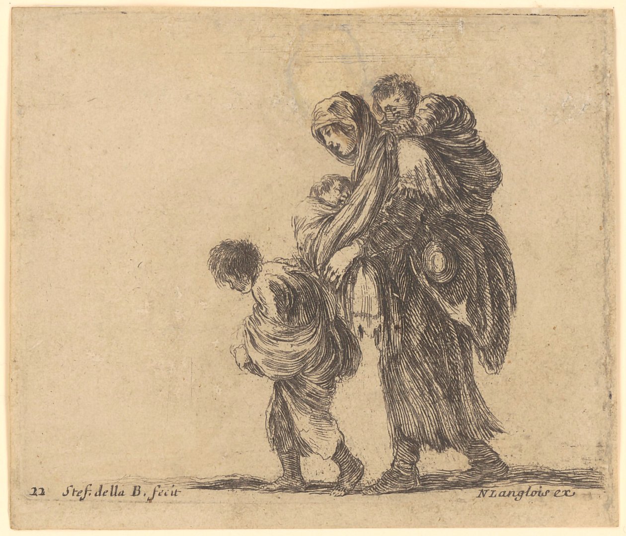 Poor Woman with a Child on Her Back, a Toddler in a Sling, and an Older Child Walking Left by Stefano della Bella